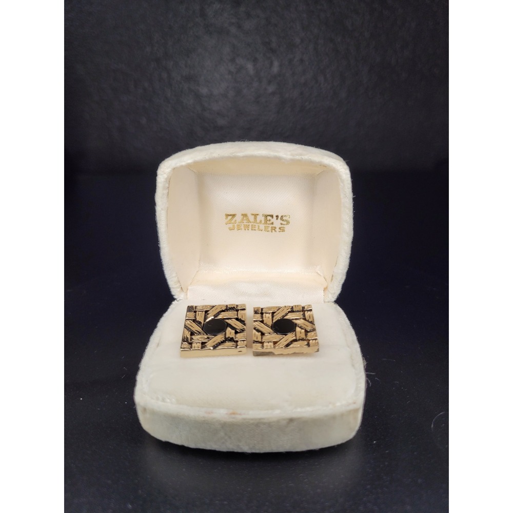Swank Cufflinks Gold Tone Basketweave Square Black Center with Zales Box